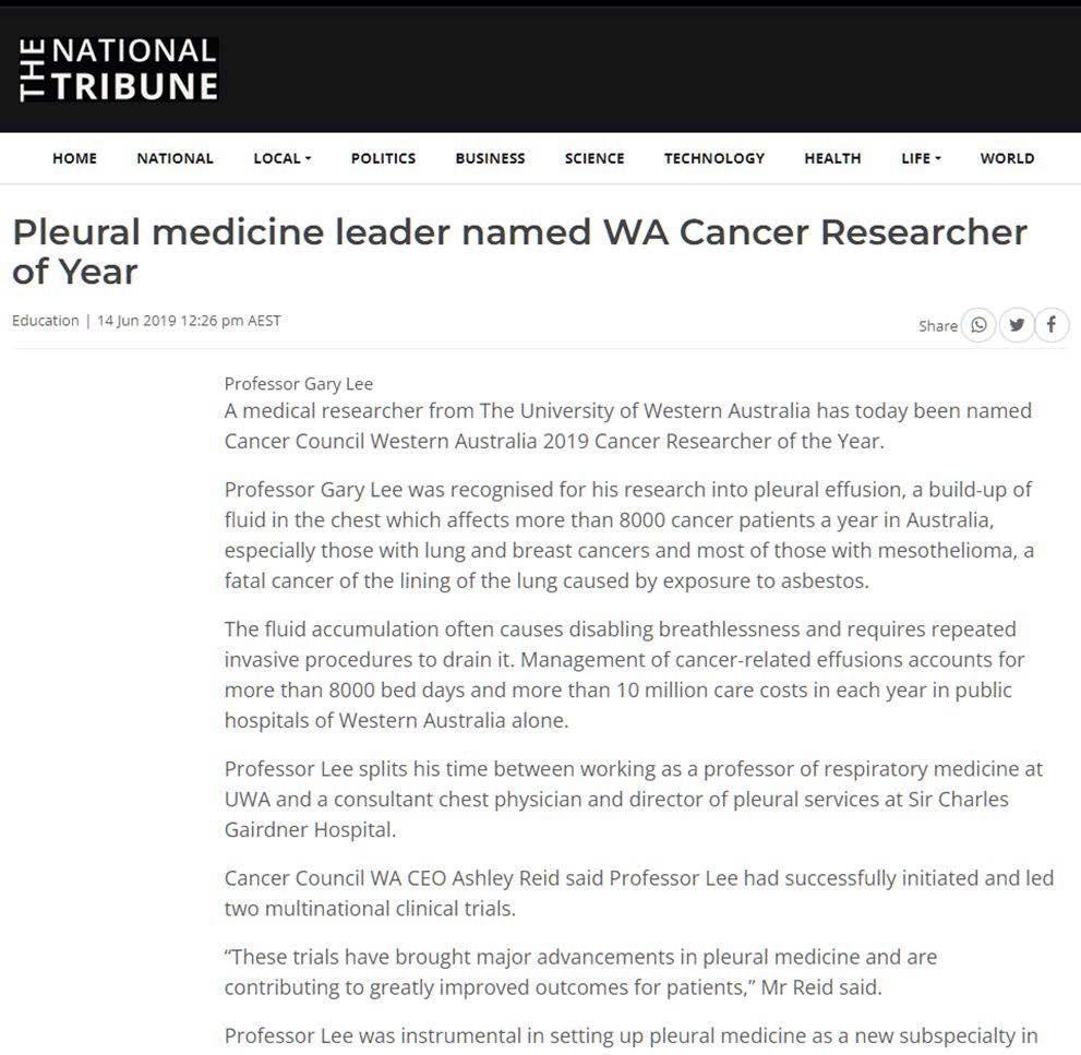 Pleural medicine leader named WA Cancer Researcher of Year